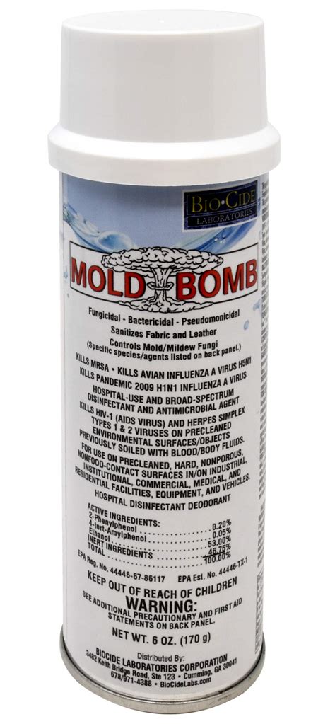 Mold bomb fogger - This patented formula is used by homeowners and professionals. Contains no bleach, ammonia or volatile organic compounds (VOCs) Works on drywall, concrete, wood, masonry, siding, shingles, stone, grout, plastic, tile and many more surfaces. Product ID #: 100654369 Internet #: 897946000313 Model #: 025001.